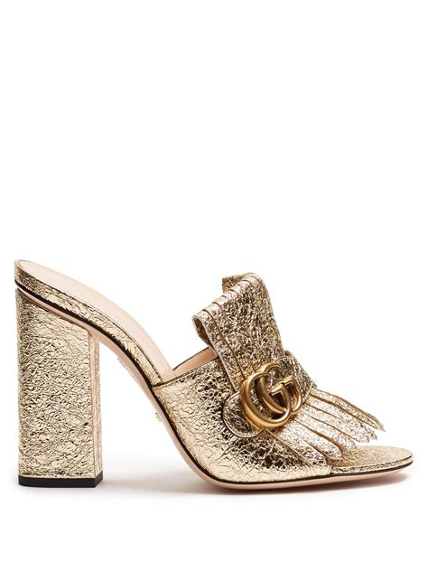 gucci marmont metallic slippers|Gucci Marmont fringe heels.